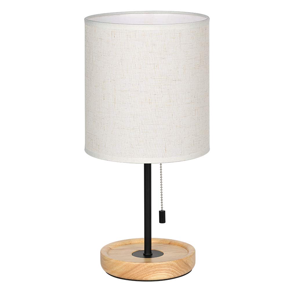 Modern Table Lamp, Nightstand Desk Lamp, Bedside Lamp With Wood Base And Linen Shade For Living Room, Bedroom, Office, College Dorm CADUKE
