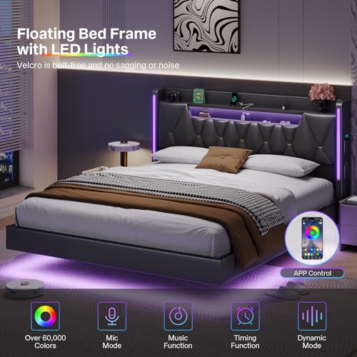 Dnxao King Size Floating Bed Frame with Storage Headboard, Tall 44" Upholstered Platform Bed with Charging Station, Dual-Zone LED Lights, No Box Spring Needed, PU Black Dnxao