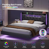 Dnxao King Size Floating Bed Frame with Storage Headboard, Tall 44" Upholstered Platform Bed with Charging Station, Dual-Zone LED Lights, No Box Spring Needed, PU Black Dnxao