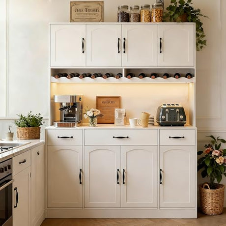 AXCIGOC 72" Tall Kitchen Pantry Cabinet with Charging Station 55" Wide Kitchen Hutch Cabinet with LED Light and Countertop Large Kitchen Pantry Storage Cabinet With Adjustable Shelves and Wine Rack AXCIGOC