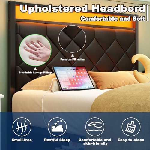 Etditrnp Twin Bed Frame with Charging Station, LED Light and PU Leather Upholstered Headboard, Platform Bed Frame with Under-Bed Storage, Easy Assembly, Noise Free, No Box Spring Needed, Black Etditrnp