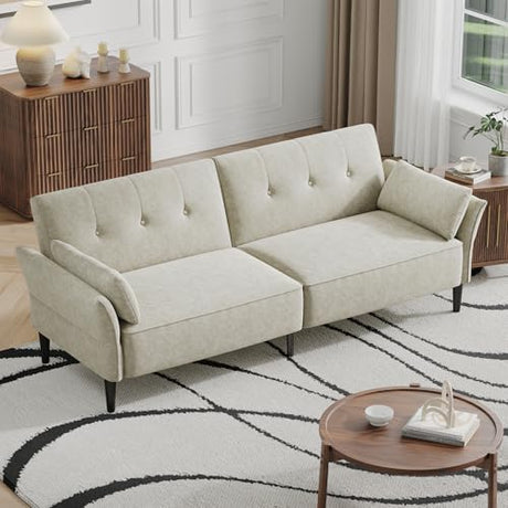 COPIAE 89” Futon Sofa Bed, Comfy Futon Couch Bed with 2 Square Pillows,Convertible Sleeper Sofa with Adjustable Backrest& Armrests, Modern Loveseat Sleeper for Living Room,Velvet Fabric White COPIAE
