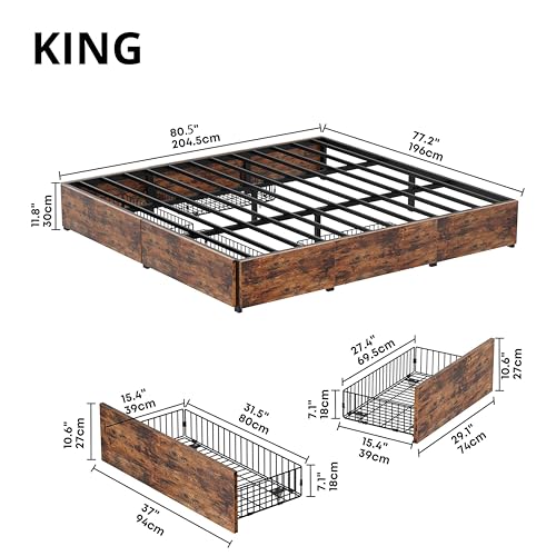 LIKIMIO King Bed Frame with Storage, 4 Drawers and Heavy Strong Metal Support Frames, Solid Stable, Noise-Free, No Box Spring Needed, Easy Assembly, Vintage Brown LIKIMIO