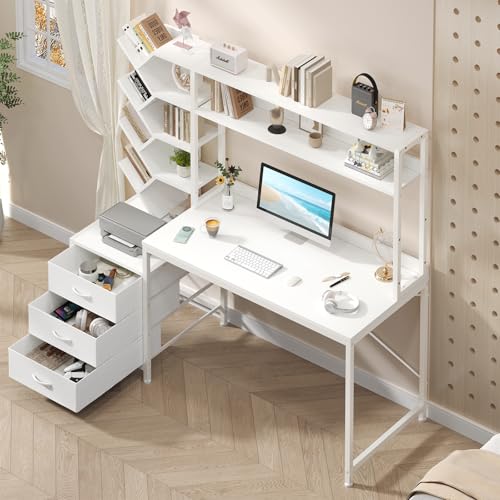 YOMILUVE Reversible Computer Desk with Hutch, Home Office Desk with Drawers and Bookshelf, 52'' Study Writing Desk with Storage Shelves for Bedroom Home Office, White YOMILUVE