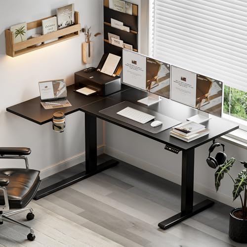 Muvai 59 Inch L Shaped Standing Desk Adjustable Height with Cable Management Tray,Gaming Electric Corner Standing Desk, Sit Stand Computer Table with Reversiable Splice Board, Black Muvai