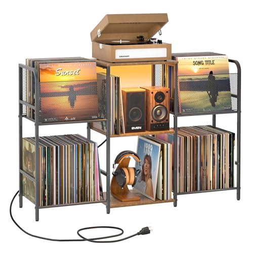 3IngSeagulls Record Player Stand with Power Outlets and LED Light, Turntable Stand Storage Up to 350+ Albums, Record Player Stand with Vinyl Storage, Tuntable Stand with Record Holder for Living Room 3IngSeagulls