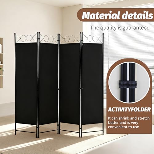 FDW 4 Panel Room Divider and Folding Portable Partition Screen, 6FT Wall Divider Screen for Dorm Bedroom Office, Coal Black FDW