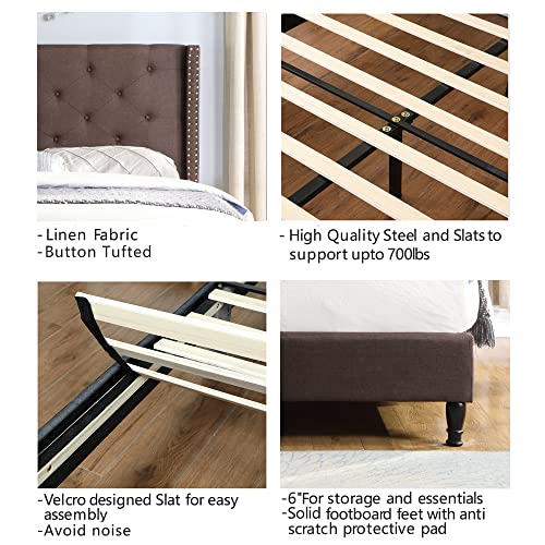 Full Upholstered Platform Bed Frame with 51" Tall Headboard - Button Tufted Cloth Bed - Wood Slat Support with Storage Space - No Box Spring Needed - Easy Assembly - Brown - Oliver & Smith - Astor OLIVER & SMITH SINCE 1921