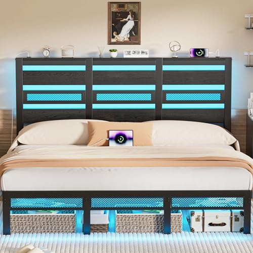 Arviano Home King Size Bed Frame with Storage Headboard, Rustic Industrial Metal Platform Bed Frame with LED Lights and Charging Station, Under Bed Storage, Noise-Free/No Box Spring Needed, Black Arviano Home