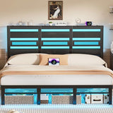 Arviano Home King Size Bed Frame with Storage Headboard, Rustic Industrial Metal Platform Bed Frame with LED Lights and Charging Station, Under Bed Storage, Noise-Free/No Box Spring Needed, Black Arviano Home
