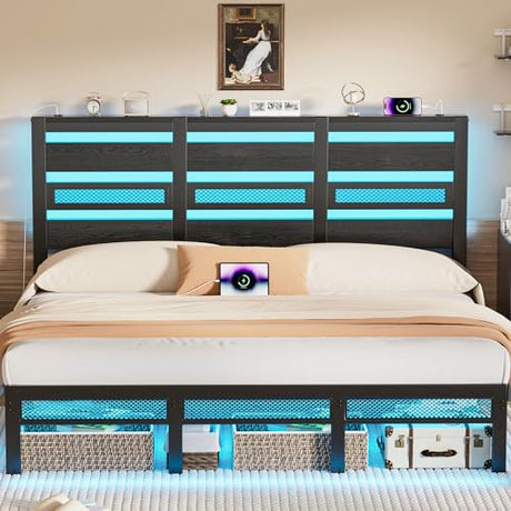 Arviano Home King Size Bed Frame with Storage Headboard, Rustic Industrial Metal Platform Bed Frame with LED Lights and Charging Station, Under Bed Storage, Noise-Free/No Box Spring Needed, Black Arviano Home