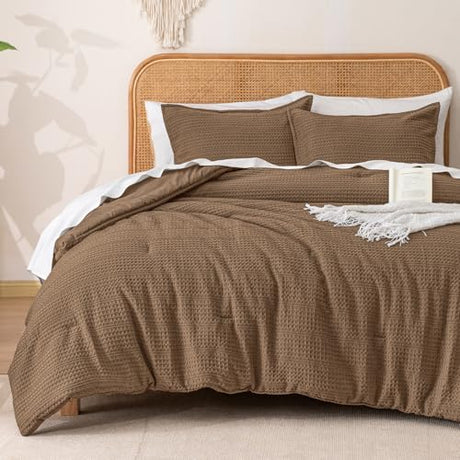 PHF Soft Waffle Comforter Set King Size- Comfy Breathable Waffle Weave Comforter with 2 Pillow Shams, 3 Pieces Less Snagging Lightweight Textured Bedding Set for All Season, Mocha/Cocoa Brown PHF