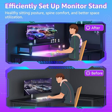 MEUIS 40 inch Small Gaming Desk with Pegboard Shelves Computer Desks with Led Lights Power Outlets PC Monitor Stand Reversible Storage Shelf Table for Bedroom Small Space, Black MEUIS