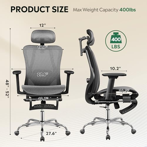 DEVAISE Ergonomic Mesh Office Desk Chair, Retractable Footrest and Adjustable Lumbar Support, Comfy High Back Reclining Computer Gaming Chair, Tilt Function, Heavy Duty, SGS Class 4 Gas Lift, Grey DEVAISE