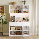 71" Kitchen Pantry Cabinet,Tall Storage Cabinet with Doors & Shelves Adjustable, Kitchen Storage Hutch with Microwave Shelf,Coffee Bar,Led Lights&Charging Station,Corner Pantry Cabinet for Living Room IDEALHOUSE