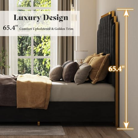 AMERLIFE King Size Upholstered Bed, Modern Velvet Bed Frame with 65.4” Tall Gold Trim Headboard, No Box Spring Needed, Black AMERLIFE