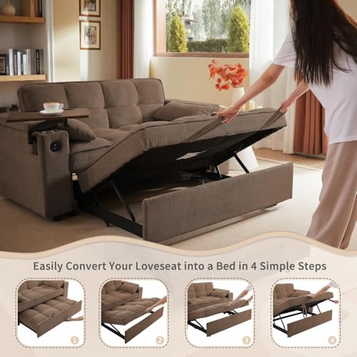 oaaktu ﻿ Large Size Convertible Sleeper Sofa Bed,Polka dot Velvet Pull Out Futon Couch with Storage handrails & Rotating Side Tables,Convertible Sofa Couch for Living Room,RV (Coffee) oaaktu