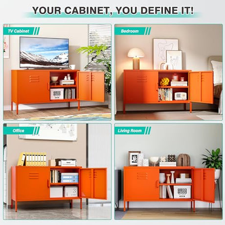 SISESOL Orange Metal Storage Cabinet with Doors and Shelves,2 Door Wide Metal Locker Accent Storage Cabinet with Leg & Vent Hole,Wide TV Cabinets,Low Side Cupboard for Home,Office,Dining/Living Room SISESOL