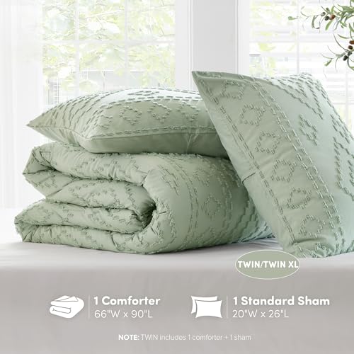 Comfort Spaces Twin/Twin XL Comforter Set for College Tufted Boho Dorm Comforter Set Twin XL Size, All Season Lightweight Bedding Set Soft, Matching Sham Sage Green 2 Piece Comfort Spaces