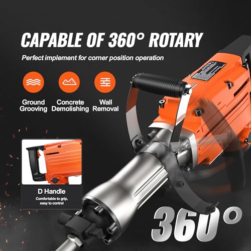 VEVOR Demolition Jack Hammer, MAX 2200W Electric Jackhammer Heavy Duty, 1350 BPM Concrete Breaker, 6pcs Chisels Bit Chipping with Case VEVOR