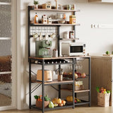 IRONCK Bakers Rack with Power Outlet, 7-Tier Coffee Bar Microwave Stand, Solve Kitchen Clutter with Wine Rack, Wire Basket and Hooks, Rustic Brown