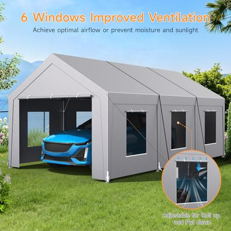 Carport 12x20 ft Heavy Duty, Car Port with Reinforced Steel Frame and 6 Roll-up Windows, Portable Garage with Removable Sidewalls, Water-Proof All-Season Car Canopy for Boat, Truck, Light Grey ONBRILL