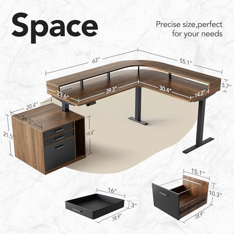 HUANUO Electric L Shaped Standing Desk with File Cabinet, 63" x 55" 2-Tier Height Adjustable Sit Stand up Desk with LED Strip, Power Outrlets & Cable Management Tray, Corner Computer Table, Walnut HUANUO