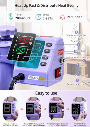 AKEYDIY Heat Press 8 in 1 Heat Press Machine 12x15 inch Swing Away T Shirt Pressing Machine with Digital Control, Multifunction Heat Press Transfer Sublimation Combo for T Shirts Mugs Hat Plate Cap AKEYDIY