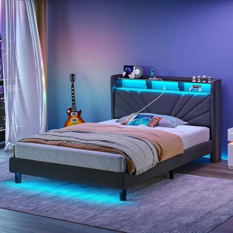 Rolanstar Twin Size Bed Frame, Storage Headboard with Charging Station and LED Lights, Upholstered Bed with Heavy Duty Wood Slats, No Box Spring Needed, Noise Free, Easy Assembly, Dark Grey Rolanstar