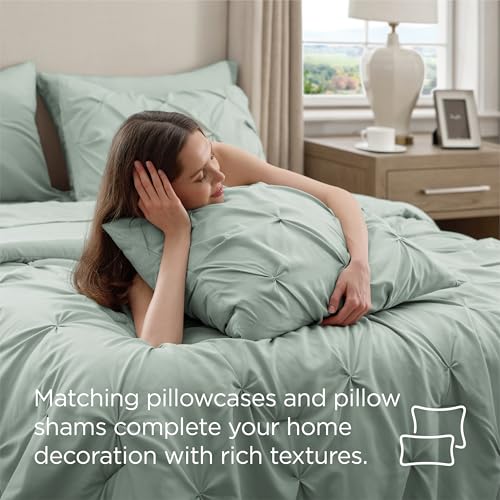Bedsure Queen Comforter Set Sage Green - Bed in a Bag Queen Size Bedding 7 Pieces, GentleSoft™ Pintuck Bed Set Gift for Family, Pinch Pleat All Season Comforter with Sheets, Pillowcases & Shams Bedsure