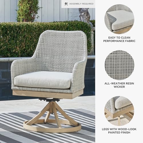 Signature Design by Ashley Seton Creek Cottage Weather Resistant Outdoor Swivel Dining Chair with Cushion, Set of 2, Light Brown & Light Gray Signature Design by Ashley