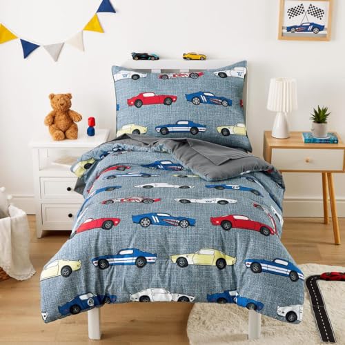 Wake In Cloud - Race Car Toddler Bedding Set for Boys, Cute Colorful Sports Car Supercar Wheels, 4 Pieces Soft Crib Bed Set Including Comforter, Sheets and Pillowcase, Gray Wake In Cloud