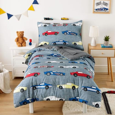 Wake In Cloud - Race Car Toddler Bedding Set for Boys, Cute Colorful Sports Car Supercar Wheels, 4 Pieces Soft Crib Bed Set Including Comforter, Sheets and Pillowcase, Gray Wake In Cloud