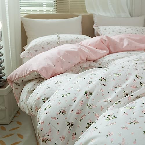 Floral Girls Duvet Cover Full Size 100% Cotton Pink Floral Duvet Cover Chic Garden Style Botanical Flower Bedding Set Lightweight Soft Aesthetic Floral Comforter Cover with 2 Pillowcases, No Comforter LifeTB