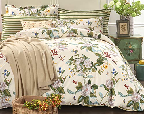 FADFAY Floral Duvet Cover Set 100% Cotton Green Striped and Beige Bedding White Flower Branches Print 600 TC Soft Reversible Zipper Bed Cover & 2 Pillowcases,King/Cal King(106x92) FADFAY