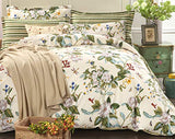 FADFAY Floral Duvet Cover Set 100% Cotton Green and Beige Striped Shabby Flower Bedding Branches Summer Bedding Reversible 600 TC Soft Zipper Comforter Cover & 2 Pillowcases，Full FADFAY