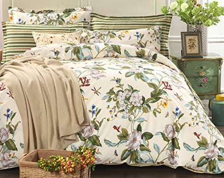 FADFAY Floral Duvet Cover Set 100% Cotton Green and Beige Striped Shabby Flower Bedding Branches Summer Bedding Reversible 600 TC Soft Zipper Comforter Cover & 2 Pillowcases，Full FADFAY
