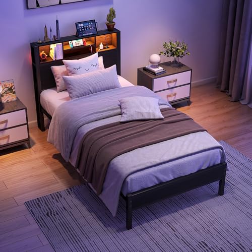 WDYLWFHW Twin Size LED Bed Frame with Storage Bookcase Headboard,Single Metal Platform Bed with Charging Station,No Box Spring Needed, Easy Assembly (Black, Twin) WDYLWFHW