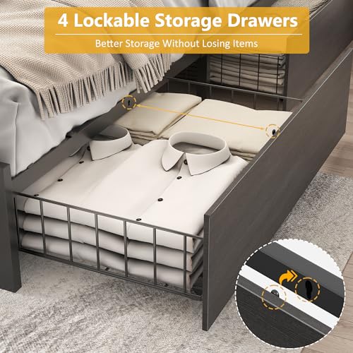 Lifezone Full Bed Frame with 2-Tier Storage Headboard, Metal Platform Bed Frame with 4 Storage Drawers, Built in Charging Station & LED, Noise-Free/Metal Support/No Box Spring Needed, Rustic Grey Lifezone