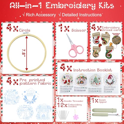 QCCTPUU 4 Sets Christmas Embroidery Kits, Beginner Embroidery Kit for Adults, Cross Stitch Kits for Beginners with Hand Embroidery Tools(Instructions, Needles, Threads