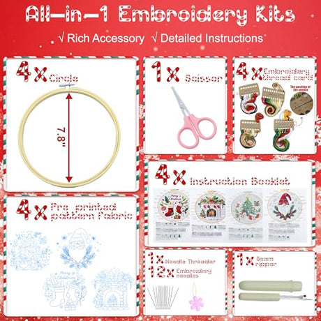 QCCTPUU 4 Sets Christmas Embroidery Kits, Beginner Embroidery Kit for Adults, Cross Stitch Kits for Beginners with Hand Embroidery Tools(Instructions, Needles, Threads QCCTPUU