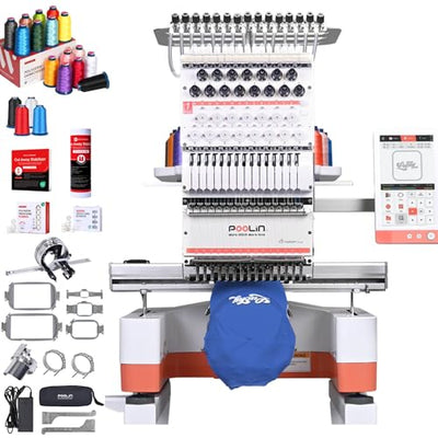Poolin EOM 15-Needle Embroidery Machine | Starter Bundle – Includes 15 Threads, 144pcs Pre-Wound Bobbins, 12x25'' Cut Away Stabilizer