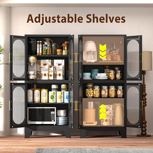 Winiowa 61" Black Metal Pantry Cabinet with Adjustable Shelves and Acrylic Glass Doors winiowa