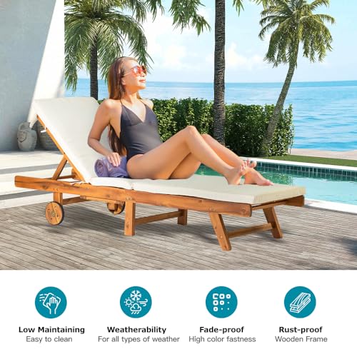 Panana Acacia Wood Chaise Lounge Patio Outdoor Folding Lounge Chair Recliner Portable Sun Lounger with Adjustable Backrest, Wheels, Cushion for Garden Poolside Deck