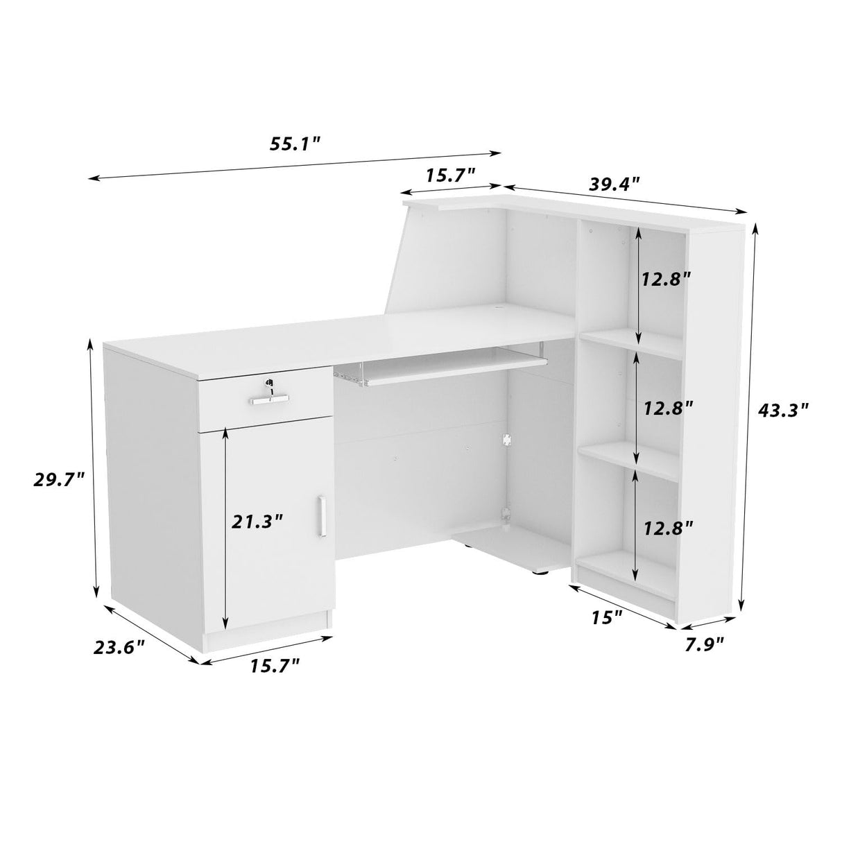 FAMAPY L-Shaped Reception Desk Counter Desk for Retail & Checkout, Modern Front Counter Table, Black Tapes, for Office Lobby White (55.1”W x 39.4”D x 43.3”H) FAMAPY
