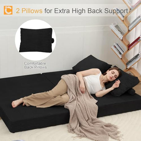 COMAX Futon Sofa Bed, Convertible Folding Sofa Bed, Boneless Couch Loveseat Corduroy with Pillows, Small Foldable Floor Couch Comfy Lounge Sleeper for Living Room Bedroom, Black COMAX