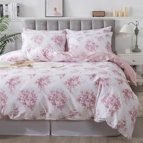 FADFAY Pink Rose Floral Duvet Cover Sets Full 100% Cotton Reversible Blush Comforter Cover Luxury Shabby Vintage Bedding All Season Soft Crisp Coquette Cottagecore Bedding with Zipper 3Pcs FADFAY