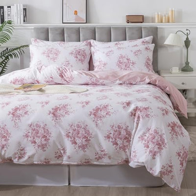 FADFAY Pink Rose Floral Duvet Cover Sets Full 100% Cotton Reversible Blush Comforter Cover Luxury Shabby Vintage Bedding All Season Soft Crisp Coquette Cottagecore Bedding with Zipper 3Pcs