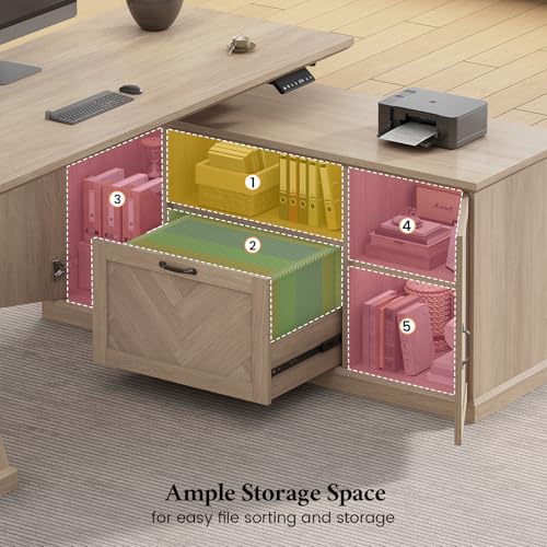 Farmhouse L Shaped Electric Standing Desk with Power Outlet & 2 Storage Cabinets, 55.1" x 47.2" Height Adjustable Office Executive Desk with File Drawer & Shelf, Large Business Computer Desks, Natural ANGRYWIN