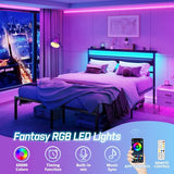 Ourpic Queen Bed Frame with Led Lights and Charging Station, Bed Queen Size Frame with Headboard and Under Bed Storage, Black Metal Platform Bedframe and Storage Shelf, Easy Install OURPIC